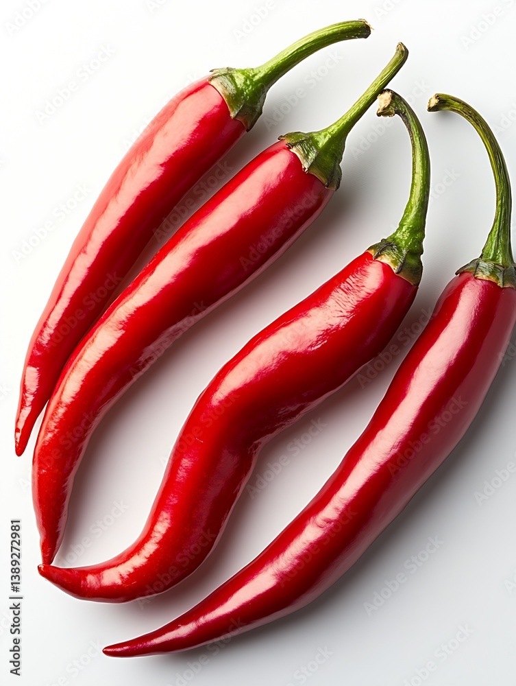 Poster fresh red chili peppers arranged neatly on a white background showcasing their vibrant color and tex