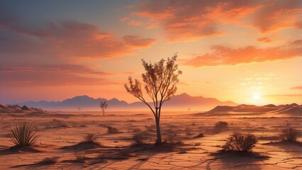 "A peaceful desert sunrise, with the first light of dawn gently touching the land, heralding the start of a new day."