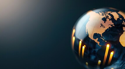 Candlestick in crystal globe forecasting investor success concept. Globe with bars representing global growth and innovation.