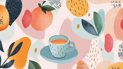 Abstract Teacup and Citrus Still Life in Pastel Hues