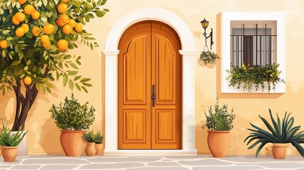 Fototapeta premium Charming Mediterranean Home Exterior with Oranges, Door, Window, and Potted Plants
