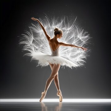 Graceful ballerina dancing en pointe with outstretched arms and a delicate white tutu shaped like blooming dandelion seeds