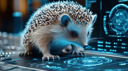 Curious Hedgehog Exploring Advanced Holographic Technology with Futuristic Blue Interface