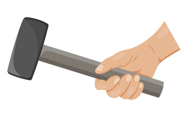 A human hand tightly gripping a heavy sledgehammer, shown in flat graphic style on a white background. Concept of strength and construction. Vector illustration