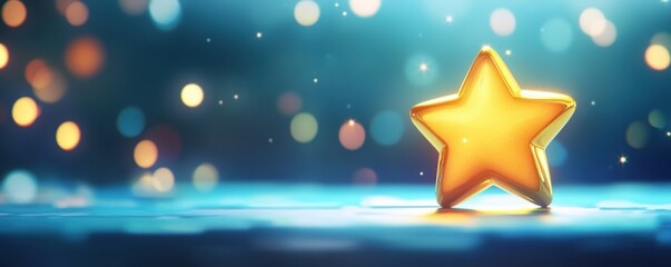 Gold star-shaped trophy with shiny, glossy details, set against a blue background with bokeh lights and bright yellow stars, capturing a colorful and dreamy animation style.