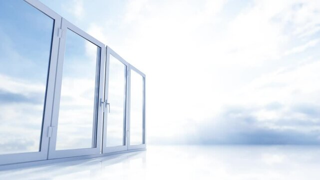 Clean and clear white window gradually opening on white floor with sunny sky with clouds