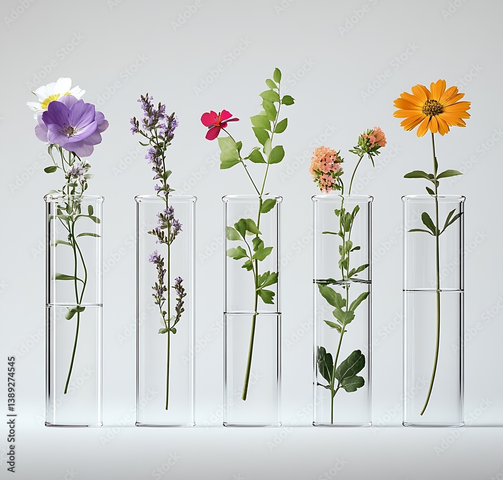 Poster Charming display of various flowers in clear test tubes emphasizing vibrant colors and forms : Generative AI
