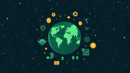 A digital global concept displaying financial and economic icons surrounding the world
