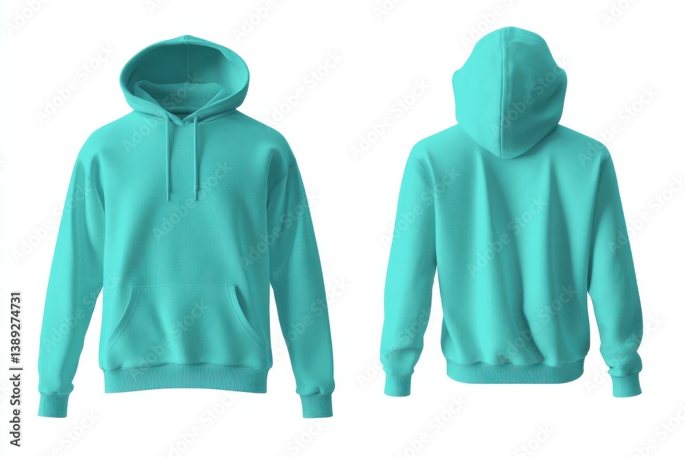 Poster Turquoise hoodie displayed from front and back views showcasing its vibrant color and design features