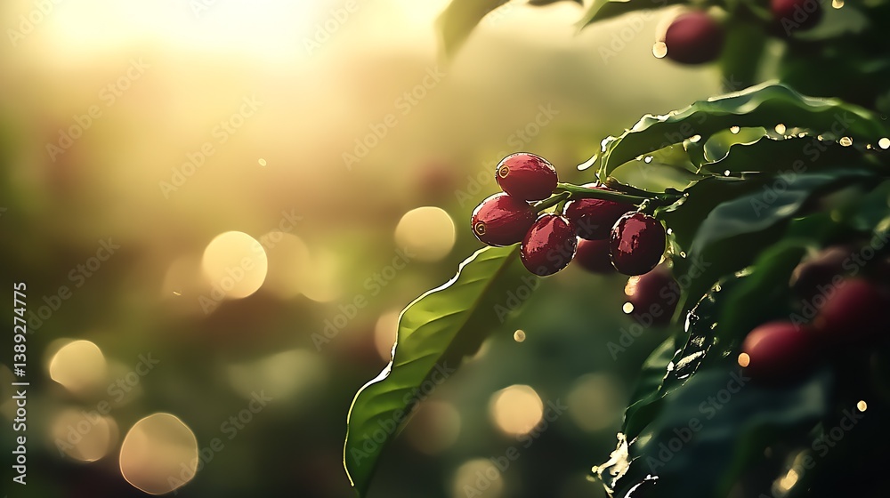 Poster Coffee cherries hanging on a branch with bright sunlight creating a serene atmosphere in a coffee field : Generative AI