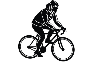 Obraz premium A man bicycling silhouette wearing a hoodie, using flat solid black color design, vector illustration design on a white background.