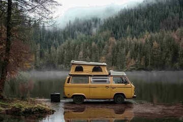 Yellow camper van parked by a serene lake surrounded by mountains and trees during a foggy morning