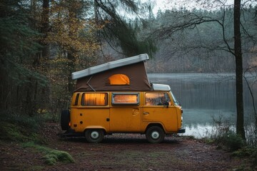 Yellow camper van parked by tranquil lake surrounded by autumn forest in early morning light