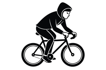 Obraz premium A man bicycling silhouette wearing a hoodie, using flat solid black color design, vector illustration design on a white background.