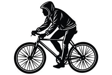 Obraz premium Sylwetka mężczyzny jadącego na rowerze w bluzie z kapturem, z jednolitym czarnym wzorem na białym tle.