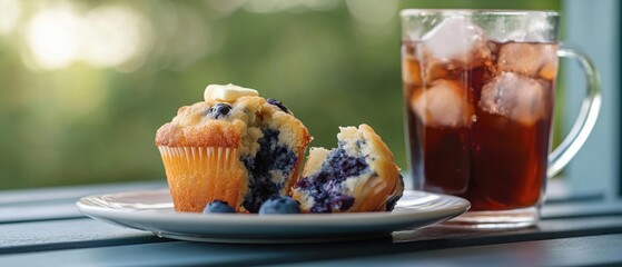 Blueberry muffin on a white plate with a bite taken out of it. the muffin is golden brown and has a crumbly texture. it is topped with a dollop of butter and fresh blueberries.