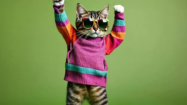Playful cat wearing colorful sweater and sunglasses, dancing joyfully against a vibrant background