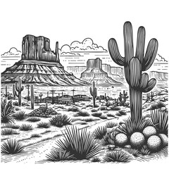 Butte rocky mountain plateau surrounded by desert terrain and distant hills sketch engraving generative ai raster illustration. Scratch board imitation. Black and white image.