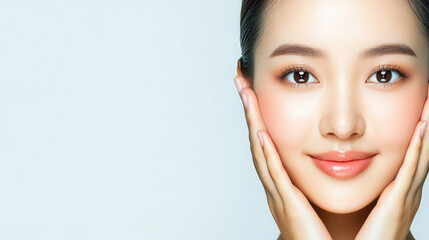 Fototapeta premium Radiant beauty of a young woman with glowing, fresh skin - perfect for skincare and wellness themes