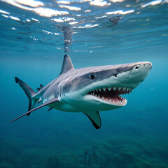 Fototapeta premium Great White Shark Swimming Underwater with Open Mouth and Sharp Teeth.