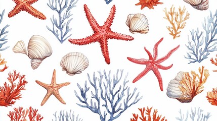 Sea Star, Coral, and Seashell Watercolor Pattern