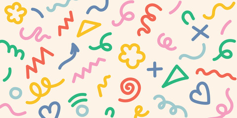 Fun and seamless line scribble pattern. Trendy Memphis geometric pattern. Creative abstract scribble style art background for kids or trendy design with basic shapes. Vector illustration.