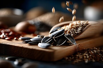 Close-Up of Various Seeds and Nuts on Wooden Spoon and Table