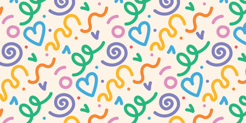 Fun and seamless line scribble pattern. Trendy Memphis geometric pattern. Creative abstract scribble style art background for kids or trendy design with basic shapes. Vector illustration.