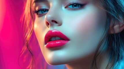 Fototapeta premium Striking portrait of a model with vibrant pink lips, capturing bold elegance and modern allure.