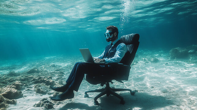Businessman in scuba gear working on laptop underwater, seated in office chair on ocean floor, showcasing unusual work environment, symbolizing dedication or pressure