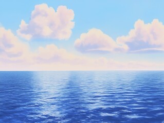 Obraz premium Calm blue waters mirror a clear sky, fostering a peaceful ambiance with sleek contours and generous areas for tranquil moments.