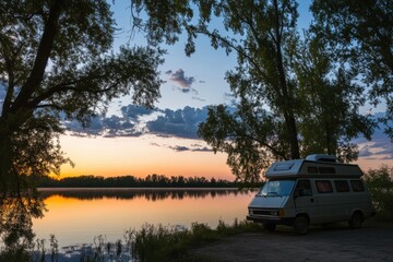 Peaceful sunset by the lake with a camper van parked under trees