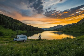 Serenity of a camper van at dusk by a tranquil lake surrounded by mountains and lush greenery