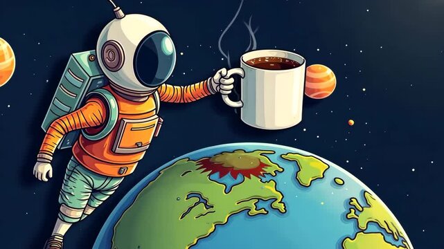 Astronaut enjoying coffee in space with view of planets