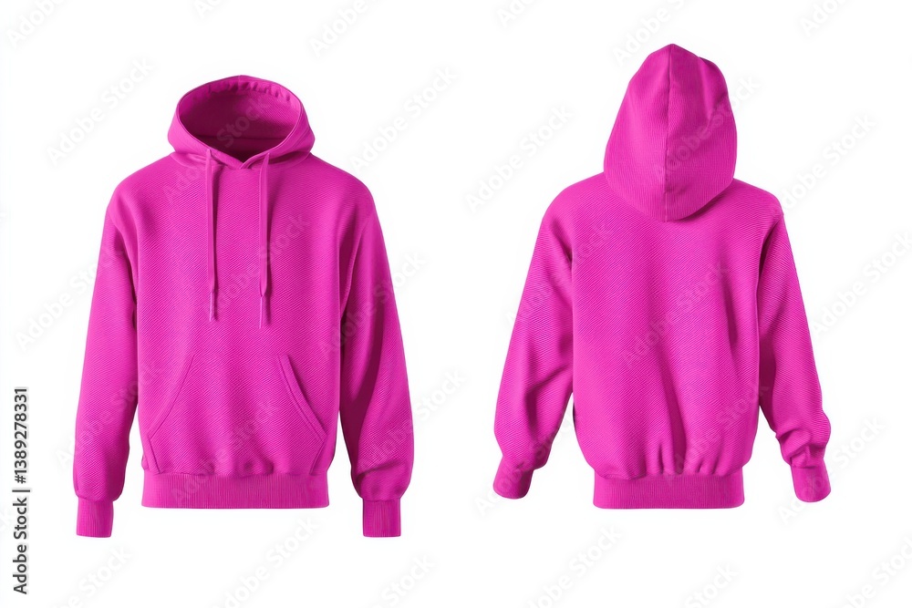 Poster bright pink hoodie displayed from the front and back showcasing its vibrant color and simple design