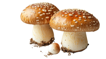 Isolated on white, autumn nature presents edible brown mushrooms and poisonous red toadstool fungi