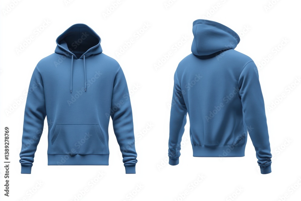 Poster stylish blue hoodie displayed from front and back angles in a clean, minimalist setting