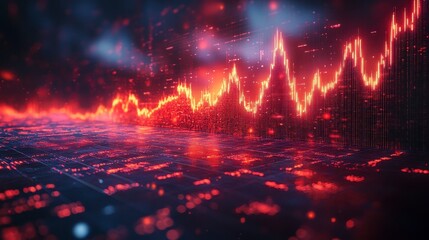 Fluctuating red chart on grid background with bokeh points