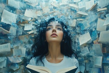 Woman Surrounded by Books with Reading.