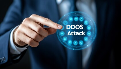 Businessman Protecting Against a DDoS Attack, Cybersecurity Concept With Holographic Interface.
