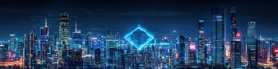 Obraz premium Futuristic Cityscape with Giant Holographic Diamond: Abstract Marketing Background Showcasing Smart City Innovation. Neon-lit Skyline and Virtual Reality Elements Illustrate High-Speed Data and Luxuri