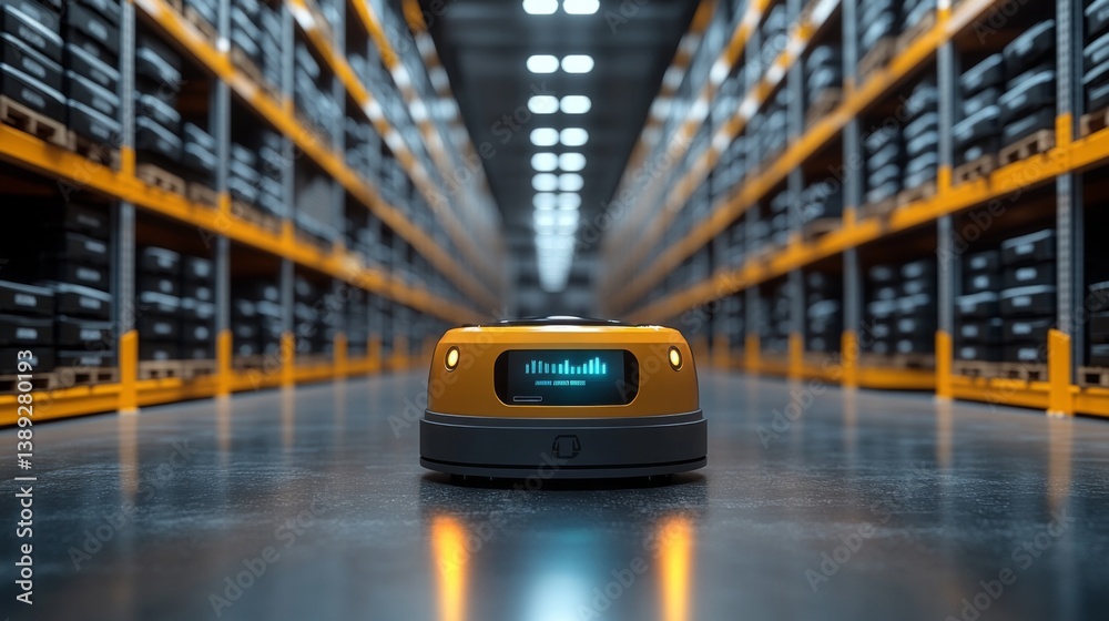 Fototapete A robotic device navigates through a well organized warehouse filled with stacked storage shelves, optimizing distribution and streamlining logistics processes.