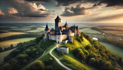 Fototapeta premium Bouzov castle standing on a hill at sunset under cloudy sky, czech republic
