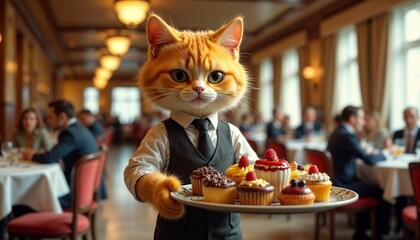 Cat in a suit serves cupcakes in a fancy restaurant during an elegant dinner event