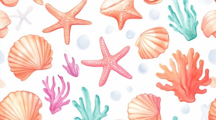 Seamless Watercolor Pattern of Starfish Shells and Coral