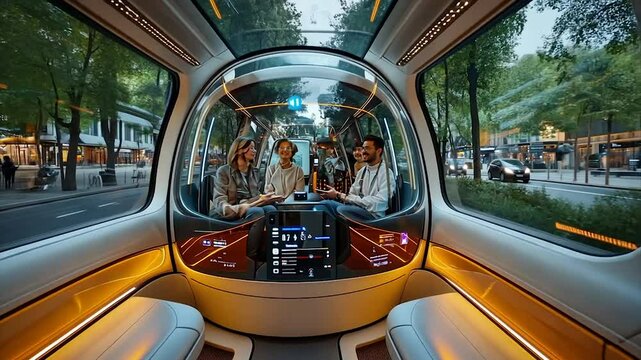 Futuristic autonomous vehicle interior showcasing a family enjoying a ride, featuring panoramic windows and ambient lighting