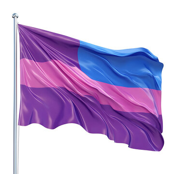 A flag with horizontal stripes of purple pink and blue waves gently in the wind against a bright neutral background.