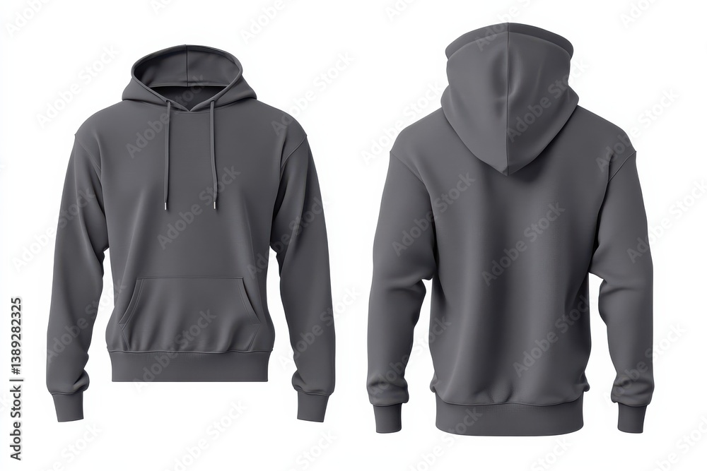 Poster gray hoodie displayed from front and back angles in a clear and minimalistic style for fashion prese