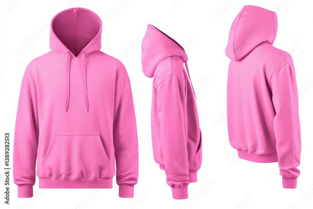 Poster bright pink hoodie displayed from multiple angles highlighting design and features for casual wear