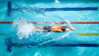 Professional Male Swimmer Racing with Butterfly Stroke in Olympic Pool Lane. Top View Athletic Action, Competition & Sport Concept. 